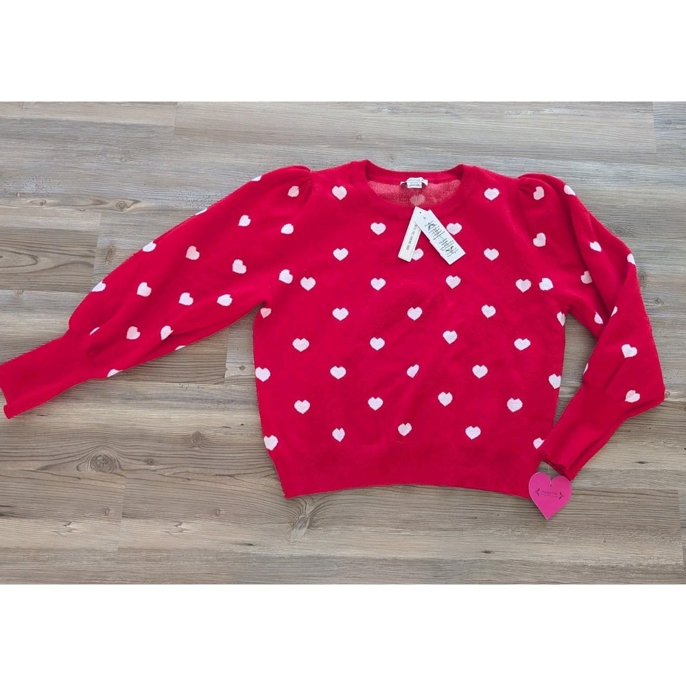Nanette Lepore Red White Heart Print Knit Puff Sleeve Sweater Women XL NEW